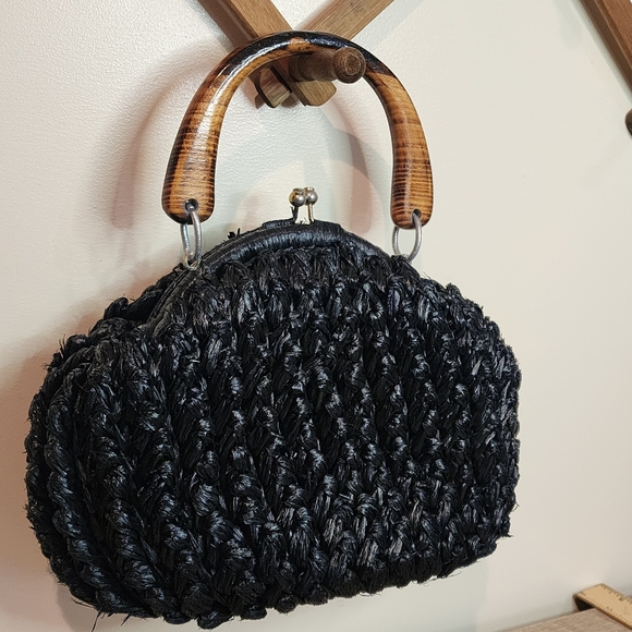 Vintage Wood Handle Purse Made in Japan Black Woven Acrylic Bowling Bag Shape - Picture 7 of 10